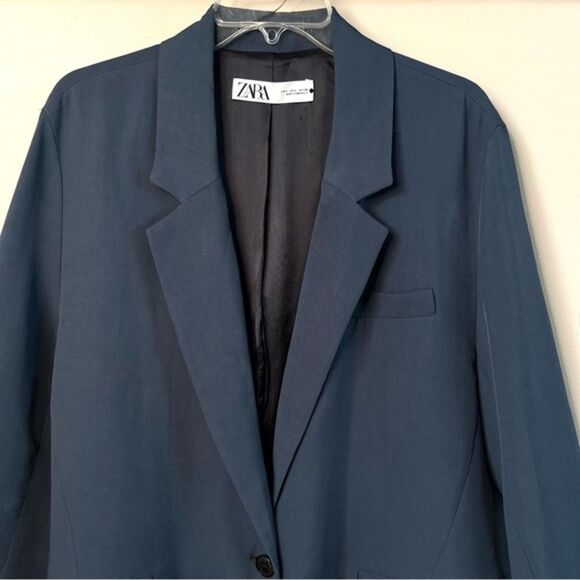 Zara Oversized Slate Blue One Button Front Faux Pocket Soft Blazer Size L - Picture 3 of 16